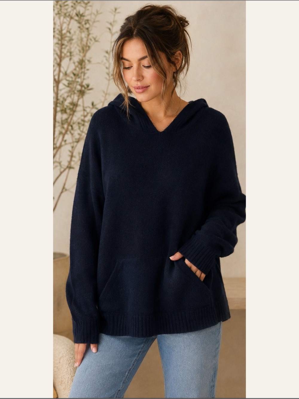 Made in Italy Soft Navy Hooded V-Neck Knit Sweater